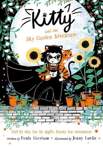 A girl in a cat costume and an orange cat stand among potted sunflowers.