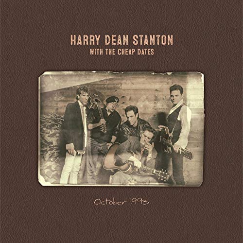 The image is a CD cover for Harry Dean Stanton's "With the Cheap Dates". The cover features a sepia-toned photograph of five men, with the title and artist name displayed prominently. A concise alt text for this image could be: "CD cover with sepia-toned photo of five men and title."