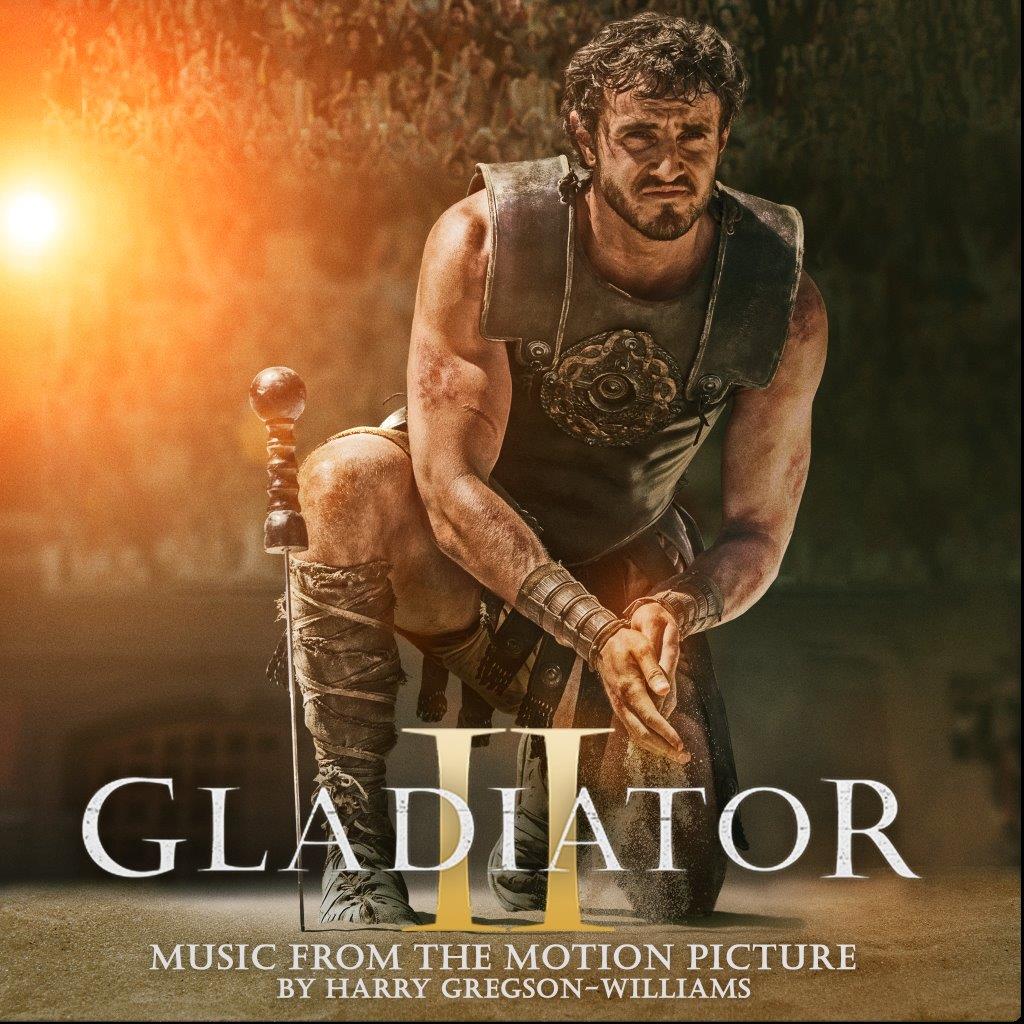 Gladiator II soundtrack CD cover featuring a muscular warrior in armor.