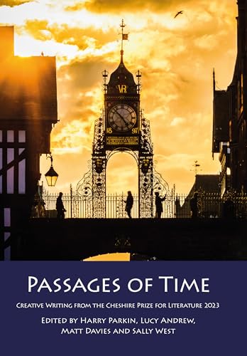 Book cover: Clock tower silhouette against a vibrant sunset sky.