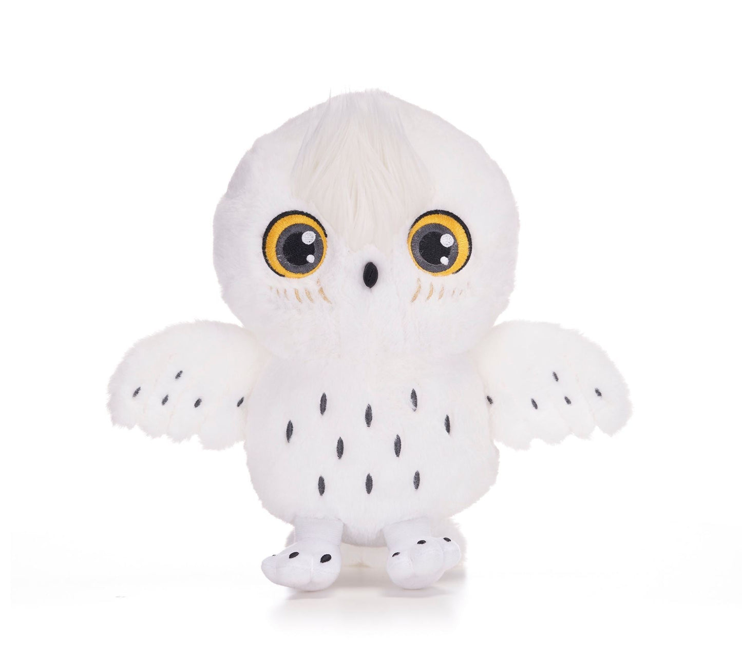White, fluffy Hedwig owl plush toy with large yellow eyes.