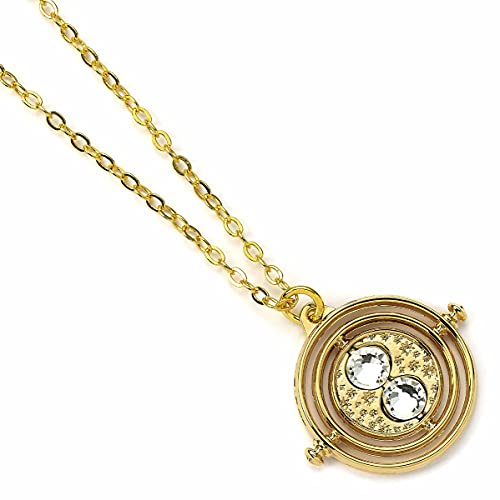 Gold Time Turner necklace with two clear crystals inside a circular frame.