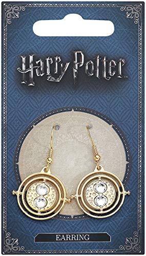 Gold-colored Harry Potter Time-Turner earrings on retail packaging.