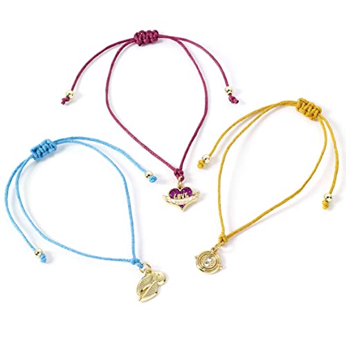 Three braided bracelets with gold-tone charms: a snitch, heart, and time-turner.