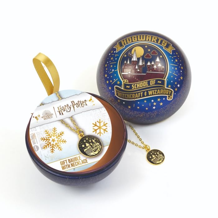 Round Hogwarts bauble with castle illustration and included gold necklace.