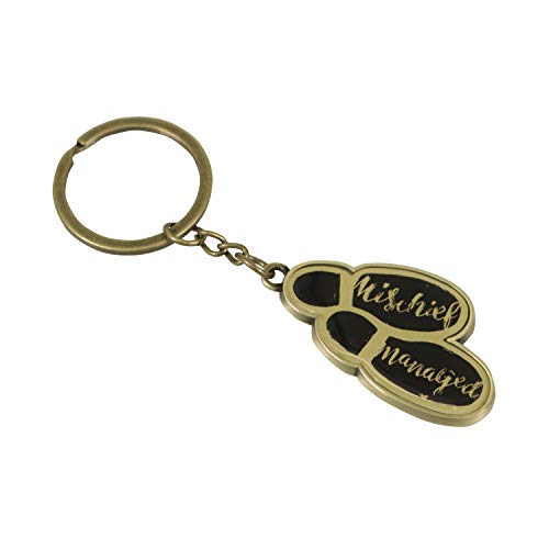 Antique brass keyring with two black shoe-shaped charms reading Mischief Managed.