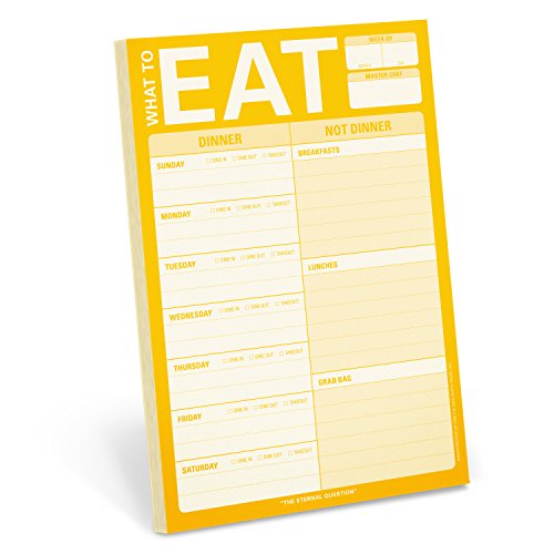 Yellow meal planning notepad with columns for dinner and other meals by day.