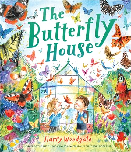 Book cover illustration showing two children standing before a greenhouse surrounded by many butterflies.