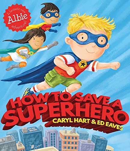 Three children dressed as superheroes fly over a city on this book cover.