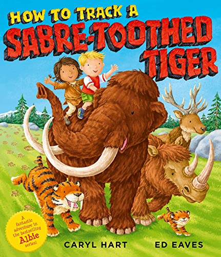 Book cover: children riding a mammoth with prehistoric animals.