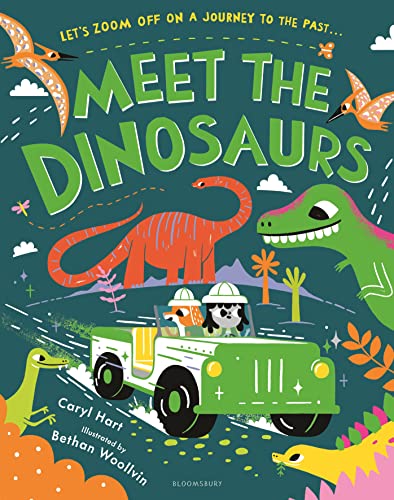 Book cover: colorful dinosaurs, explorers in a jeep, and leafy plants.