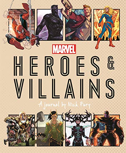 Marvel Heroes & Villains journal cover featuring Spider-Man, Black Panther, and Loki.