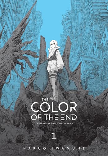 A white-haired character stands amidst blue-toned ruins on this manga cover.