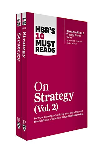 Two-volume red book set, “HBR’s 10 Must Reads on Strategy,” displayed at an angle.