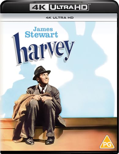 James Stewart sitting on a ledge with a rabbit shadow on the Harvey movie cover.