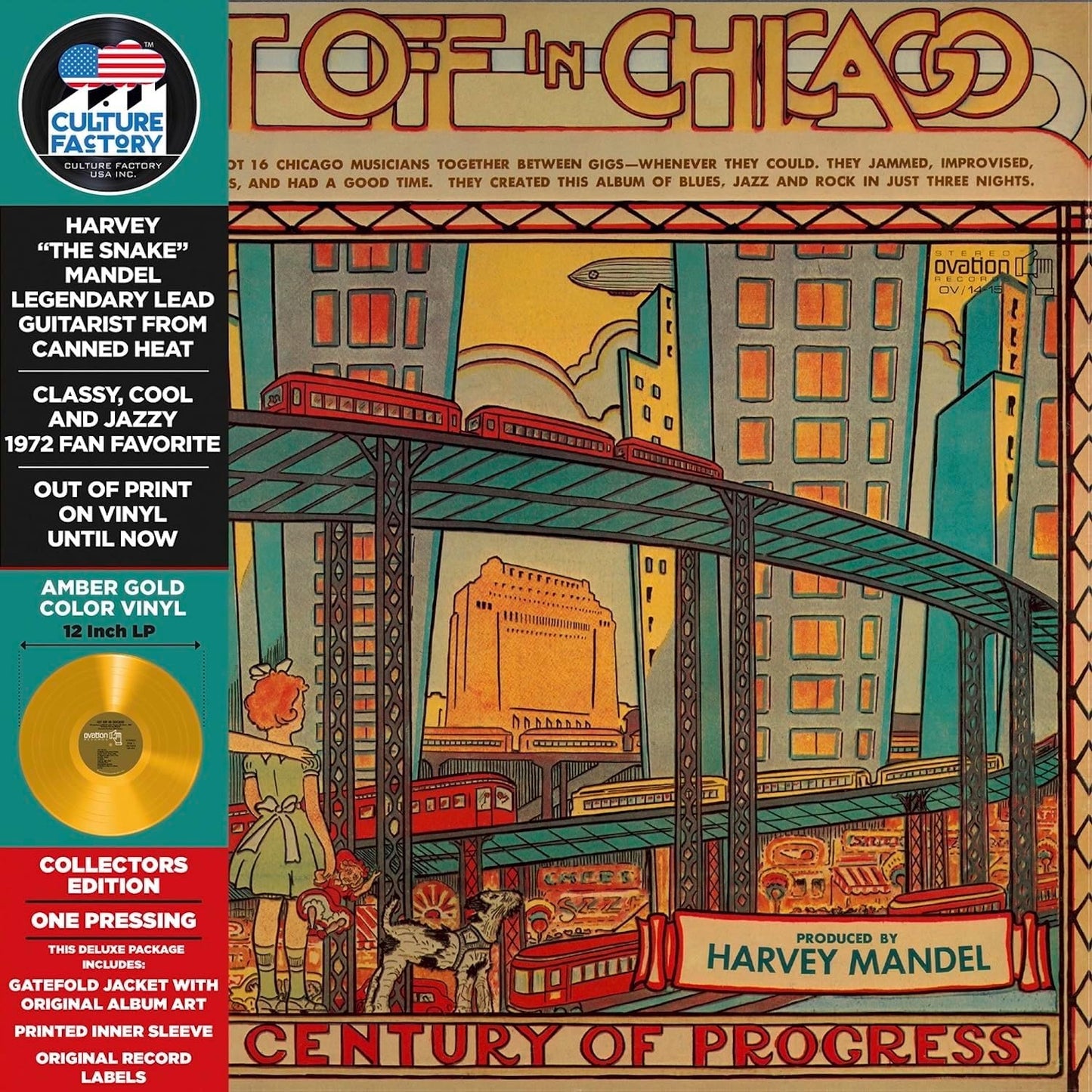 Harvey Mandel “Get Off In Chicago” amber vinyl record cover with cityscape.