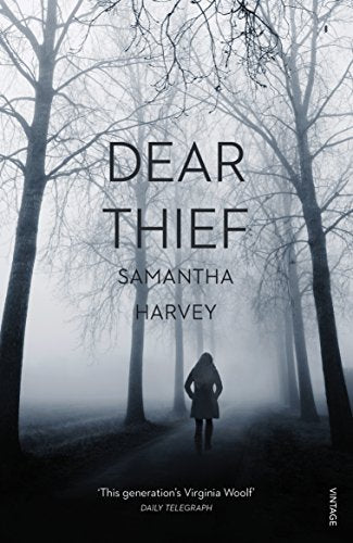 Book cover: "Dear Thief" by Samantha Harvey, with a lone figure in mist.