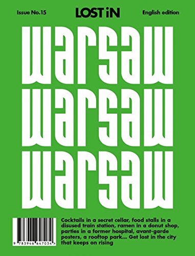 Bright green magazine cover with the word "Warsaw" repeated in white text.