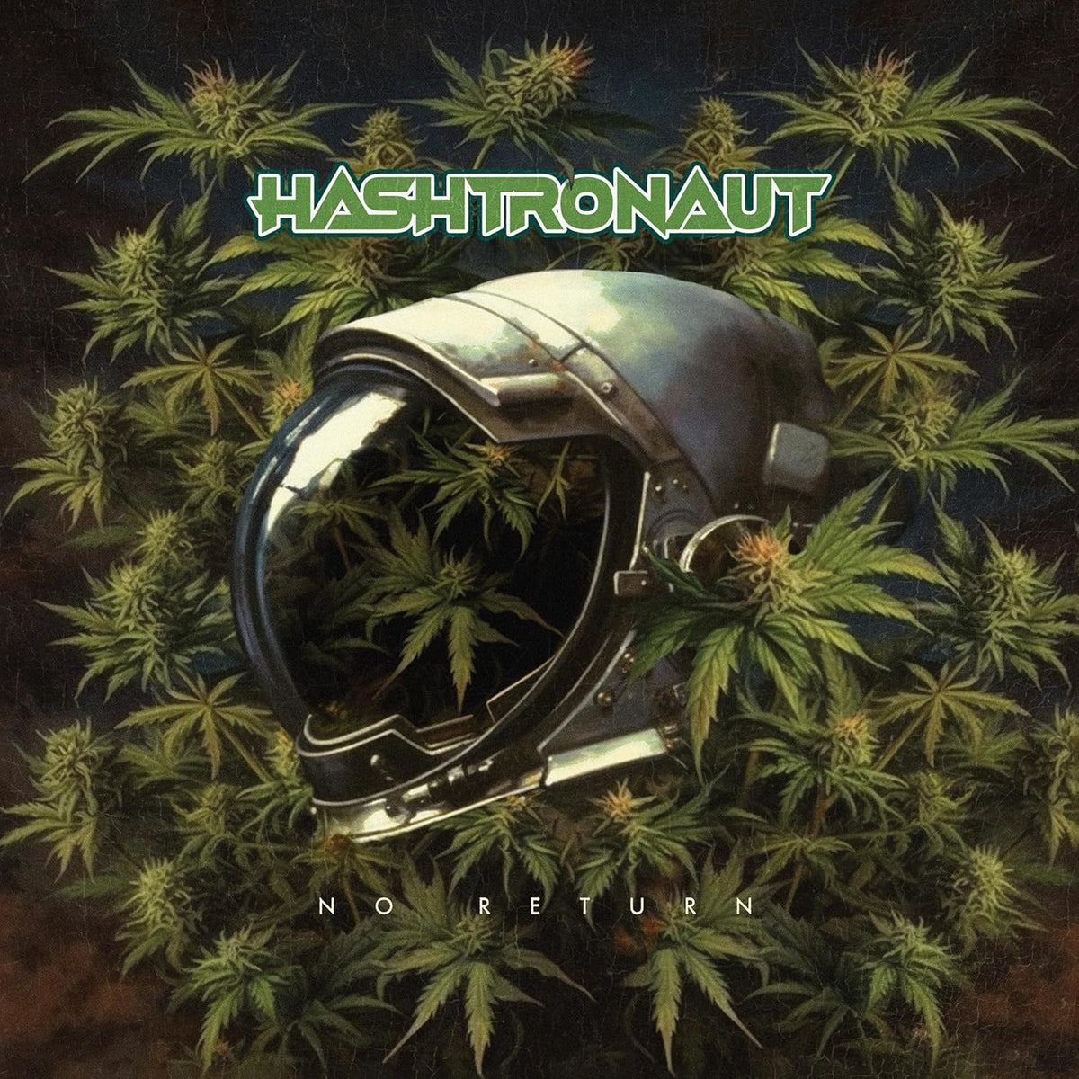 Album cover: space helmet surrounded by cannabis leaves, dark background.