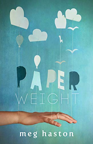 A hand holds strings attached to paper cutouts of clouds, balloons, birds, and letters.