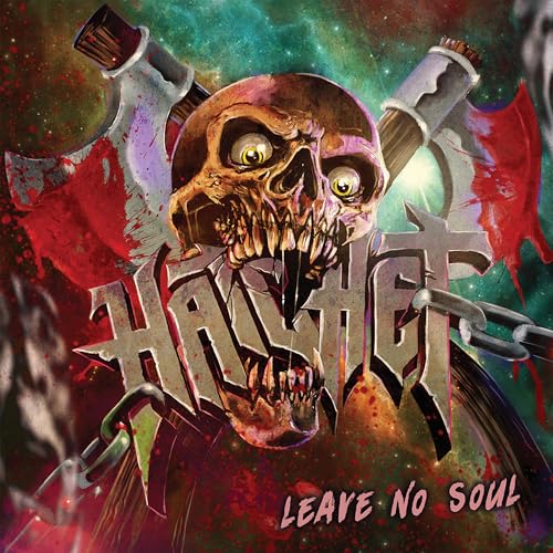 Skull with axes and chains against a colorful, cosmic background.