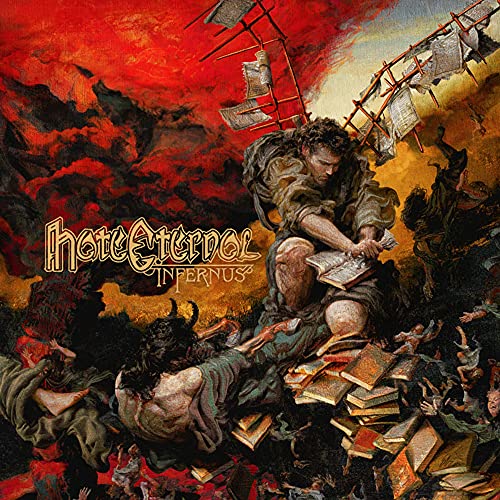 Album cover art showing a figure reading books amidst a chaotic, fiery landscape.