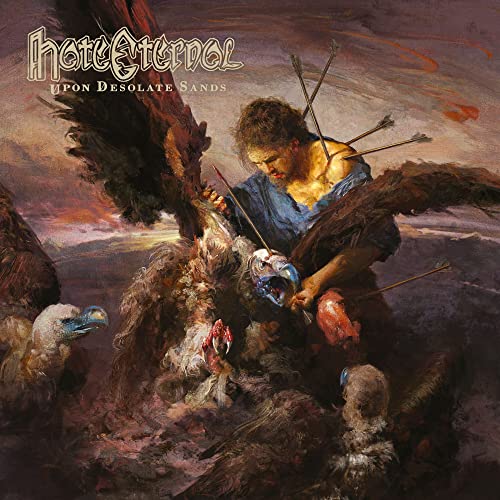 Album cover: a man with a bird of prey, pierced by arrows.