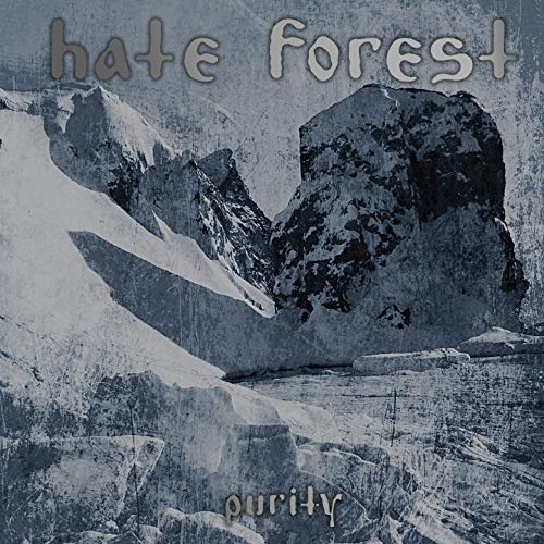 A monochrome blue-toned album cover with a mountain landscape and the text "hate forest purity".