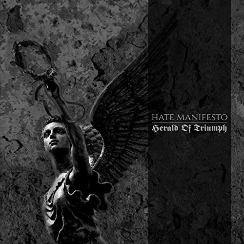 Dark album cover featuring a statue with a wing and raised hand.