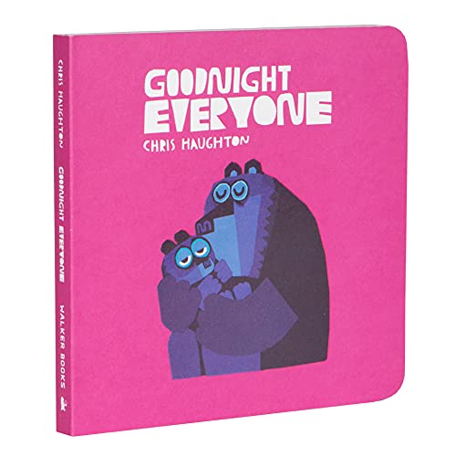 A bright pink children's board book cover featuring a sleepy purple bear holding a cub.