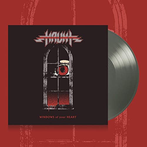 Haunt album cover with a window and eye, beside silver vinyl record.