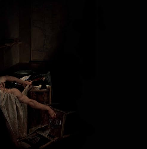 Dark, moody painting of a figure reaching out in a dimly lit room.