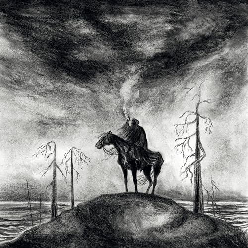 Black and white drawing of a cloaked figure on horseback in a bleak landscape.