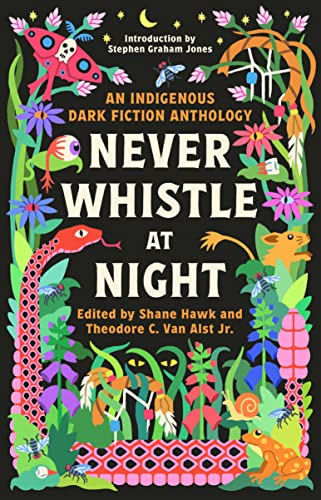 Book cover with colorful illustrations of a moth, snake, and plants on black background.