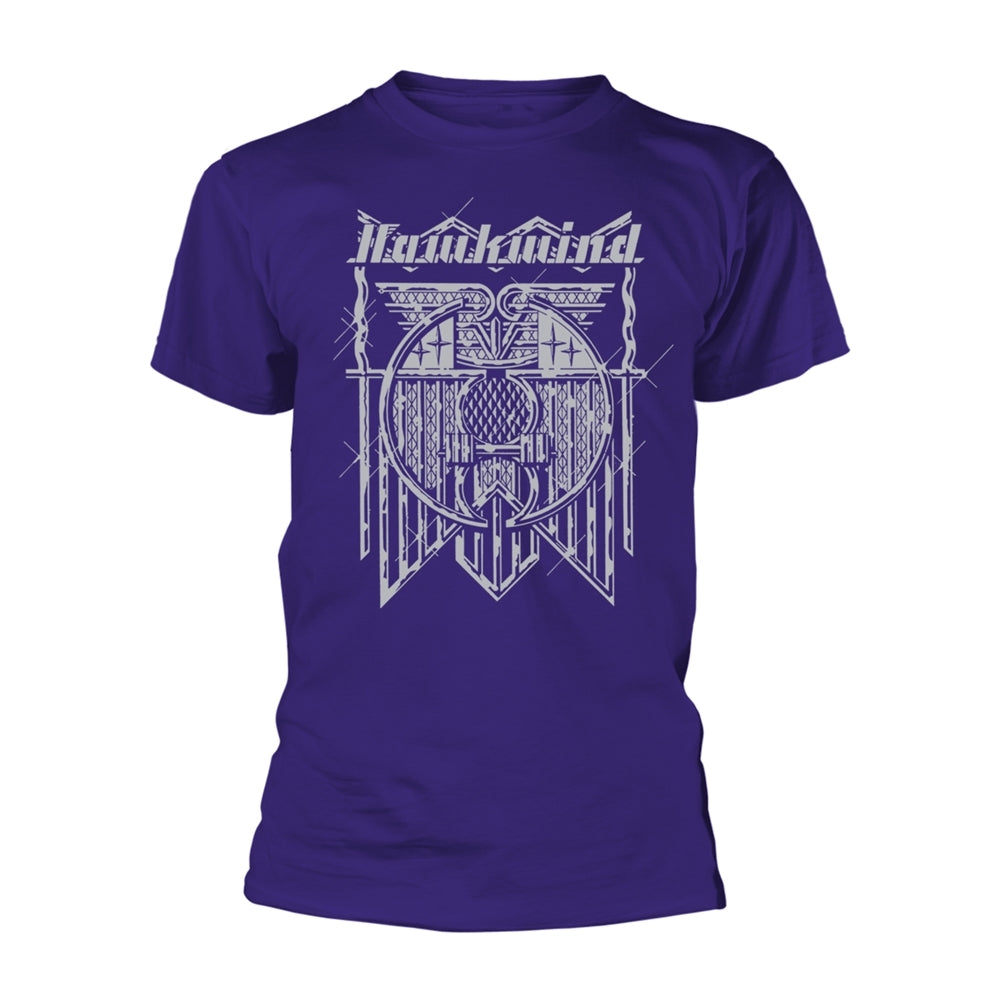Purple t-shirt with white graphic of band name "Hawkwind" and design.