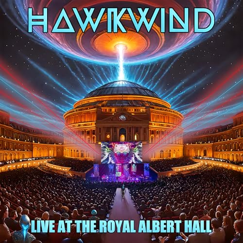 Hawkwind album cover: Royal Albert Hall with a UFO above it.