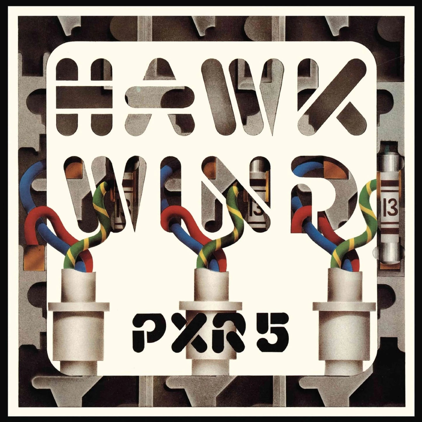 Hawkwind PXR 5 album cover featuring stylized text, electrical wires, and fuses on circuitry.