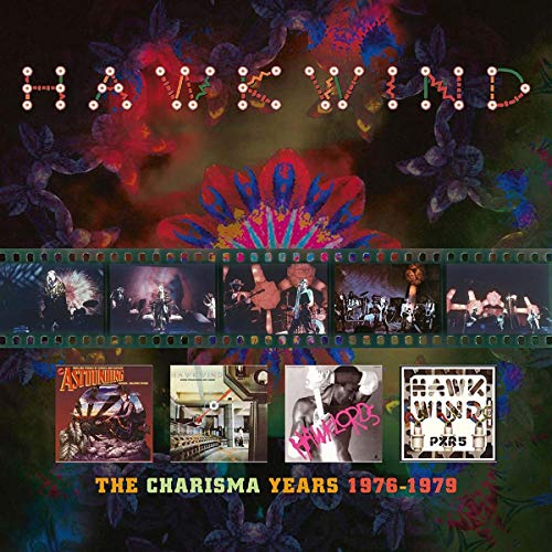 Hawkwind album cover: floral design with band name and filmstrip images.