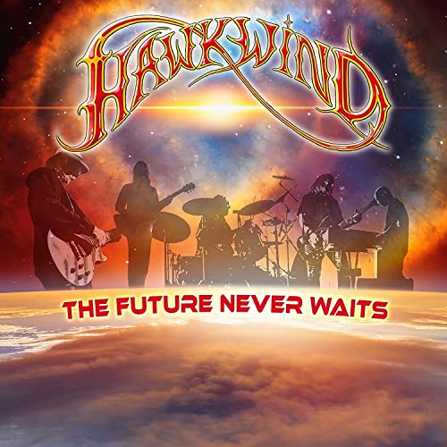 Hawkwind album cover featuring silhouetted band against a cosmic, colorful background.