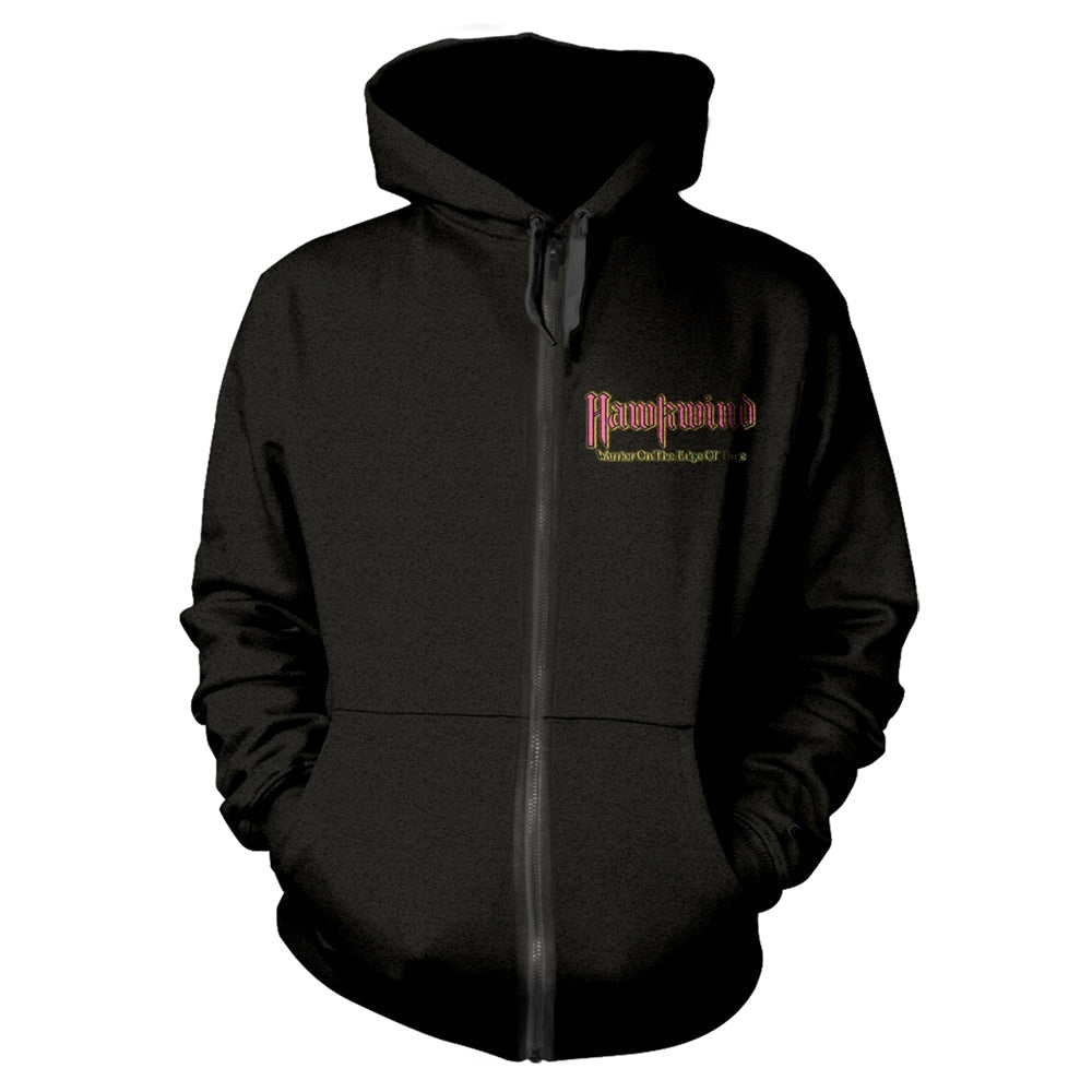 Black zip-up hoodie with "Hawkwind" and album title text on chest.