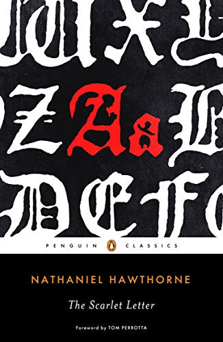 The image depicts the cover of "The Scarlet Letter" by Nathaniel Hawthorne. "Black book cover with white letters and a red 'A', Penguin Classics logo."