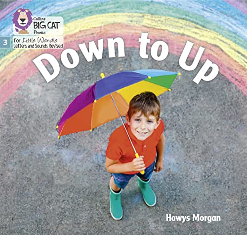 Book cover: boy with umbrella under a rainbow, “Down to Up” title.