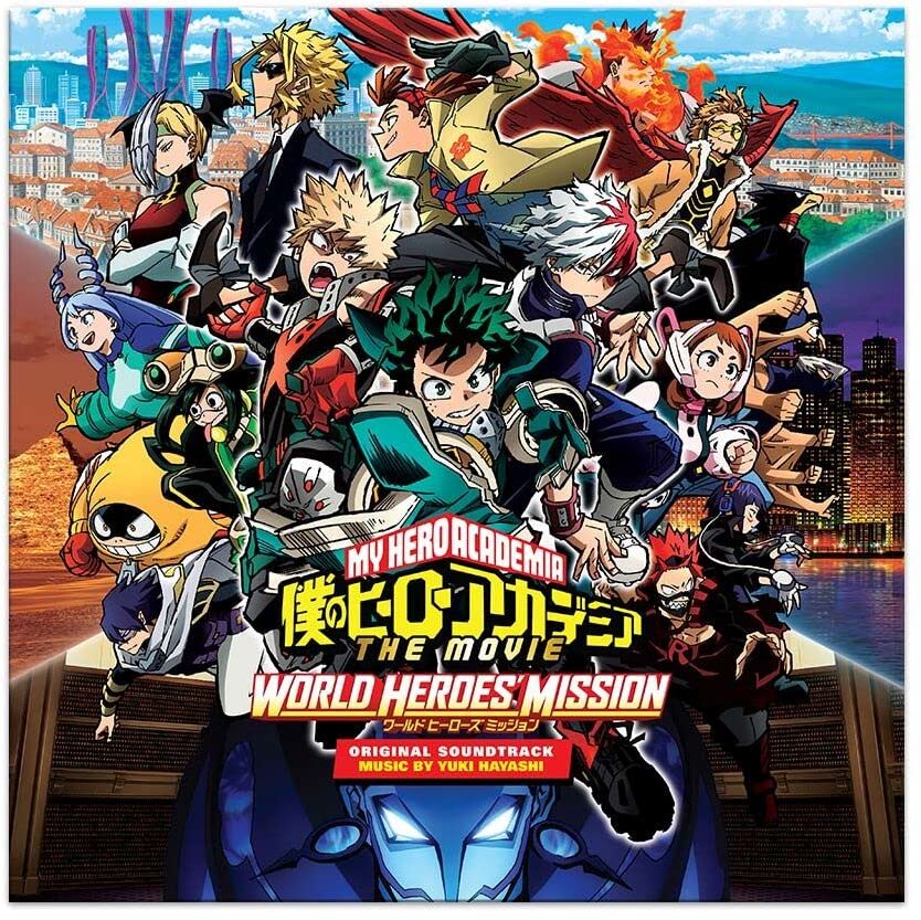 “My Hero Academia” movie poster with diverse characters and vinyl record imagery.