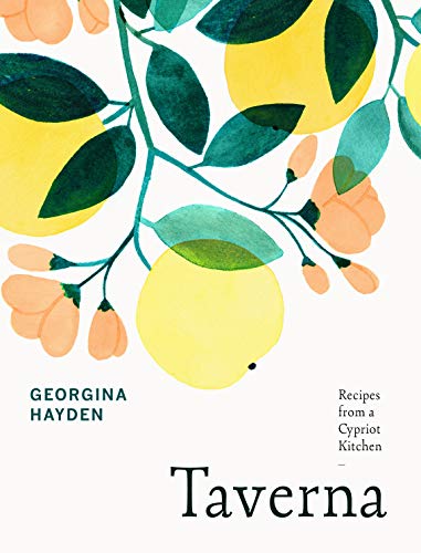 The image shows a cookbook cover. Alt text: "Book cover with lemons and leaves, titled 'Taverna' by Georgina Hayden."