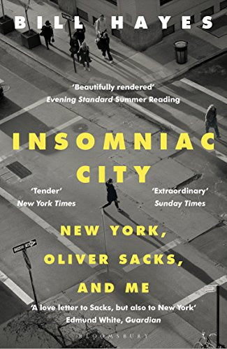 Book cover: "Insomniac City" with a street scene and lone figure.