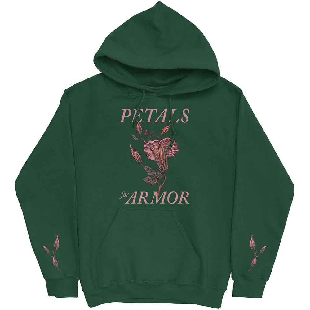 Dark green hoodie with floral and text design, front view.