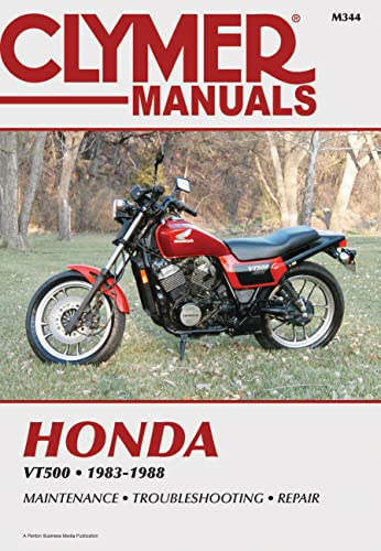 Clymer manual cover featuring a red 1980s Honda VT500 motorcycle.