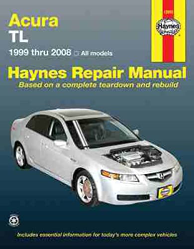 Silver Acura TL car with open hood, Haynes repair manual cover.