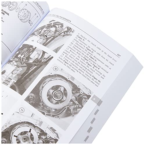 Open motorcycle repair manual with diagrams and black-and-white photos.
