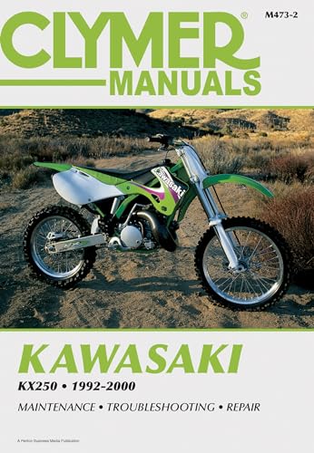 Clymer Kawasaki KX250 repair manual cover with a green dirt bike.